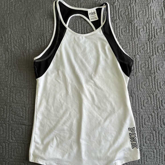 PINK Victoria's Secret White and Black Racerback Tank Top - Picture 1 of 3